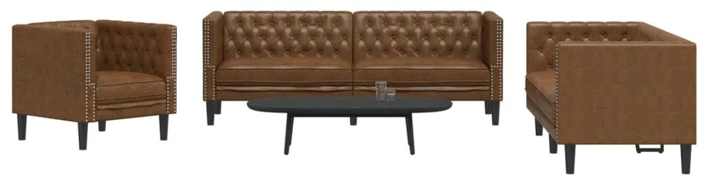 3 részes barna művelúr Chesterfield kanapégarnitúra