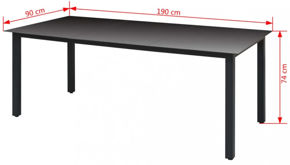 fekete alumínium és üveg kerti asztal 190 x 90 x 74 cm