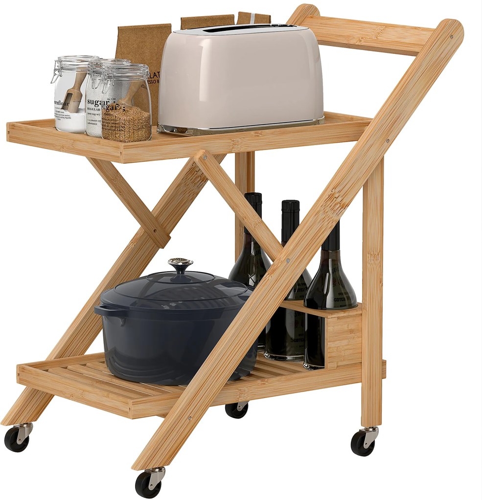 HOMCOM Konyhai Kocsi, 2 Szintes Tálca Borállvánnyal, Munkafelület, Konyhai Polc Kerekeken, Összecsukható Multifunkciós Kocsi Irodához és Konyhához, 66