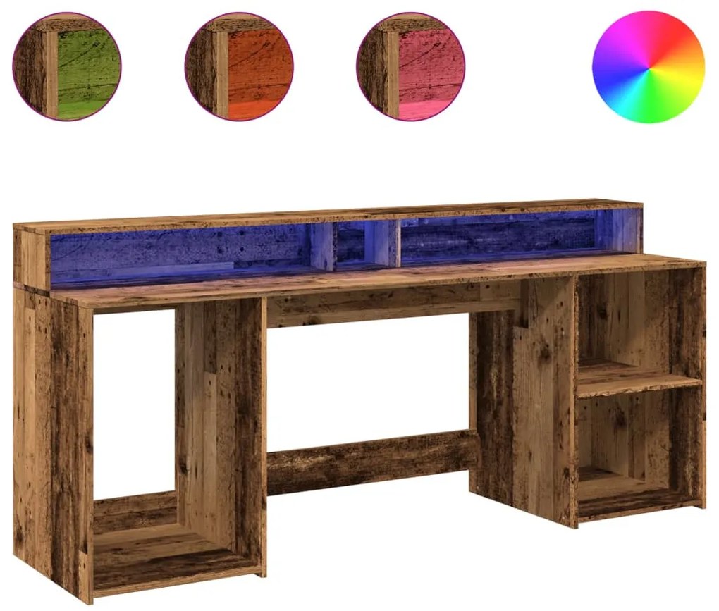 antik fa színű szerelt fa íróasztal LED-ekkel 200 x 55 x 91 cm