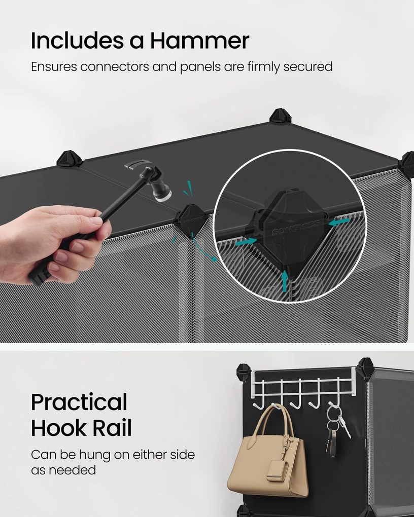 Összekapcsolható cipőtartó, 10 rekeszes műanyag cipőszekrény, fekete