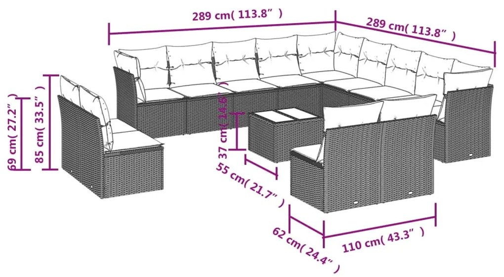 14 részes fekete polyrattan kerti ülőgarnitúra párnákkal