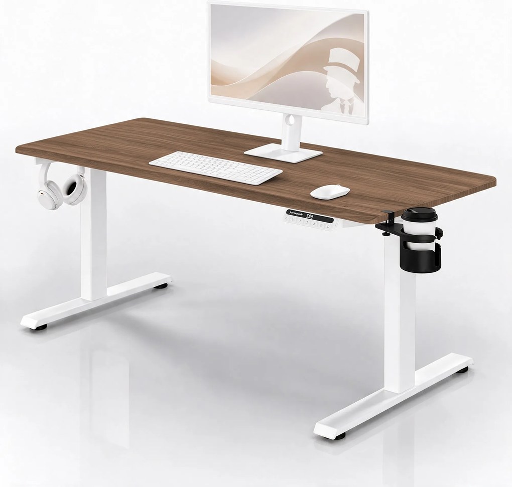 Elektromos, állítható magasságú, ergonomikus, fehér/dió íróasztal,1600x800 mm: ARIA
