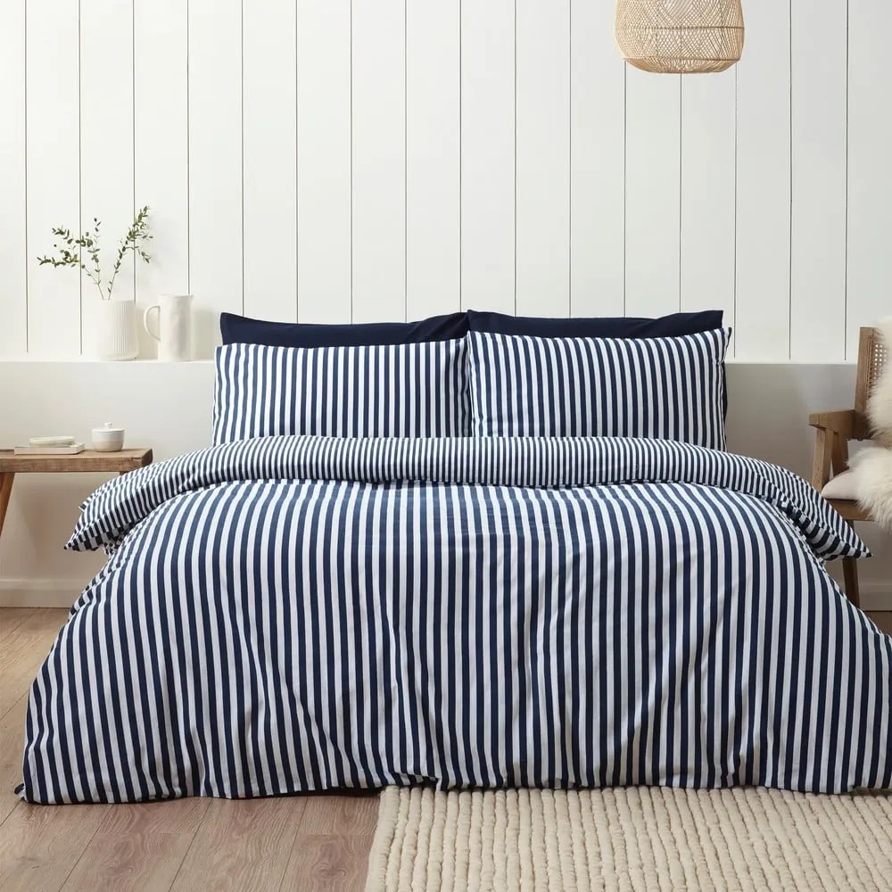 Sötétkék egyszemélyes flanel ágyneműhuzat 135x200 cm Stripe – Catherine Lansfield