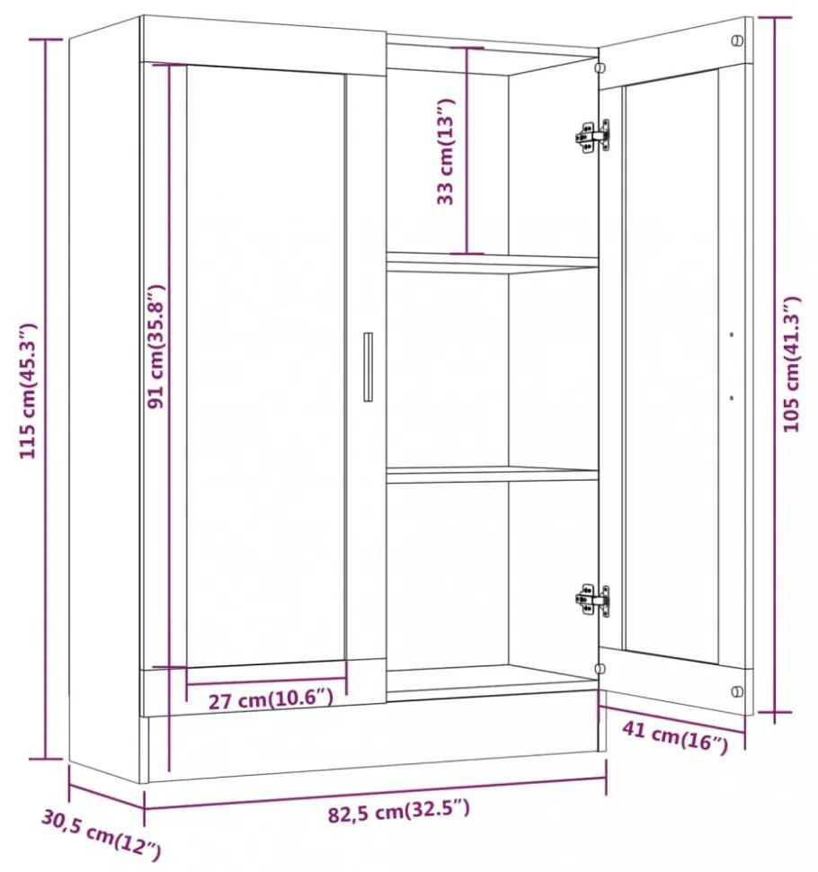 füstös tölgyszínű szerelt fa vitrinszekrény 82,5x30,5x115 cm
