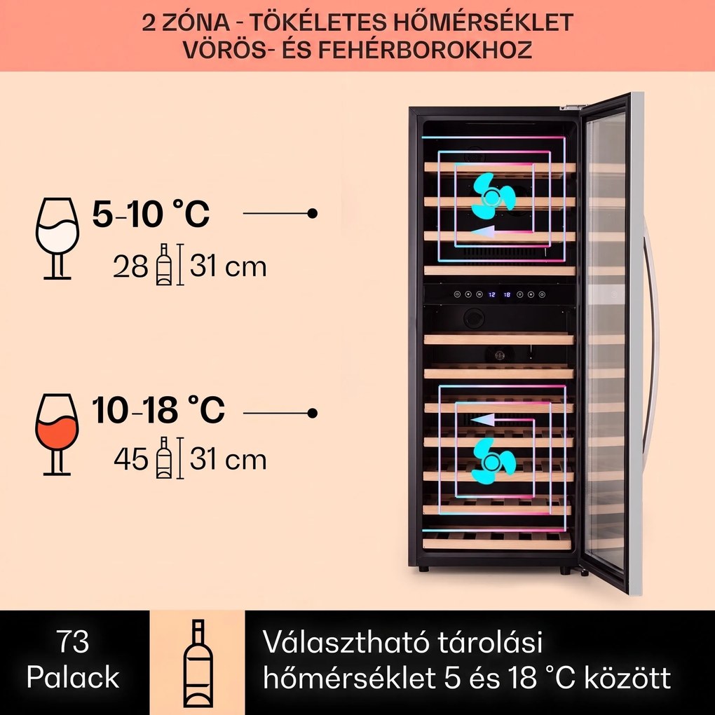 Klarstein Vinamour 73 Duo, borhűtő, 192 liter, 73 palack, 5 -18 °C, 2 zóna, érintésvezérlés