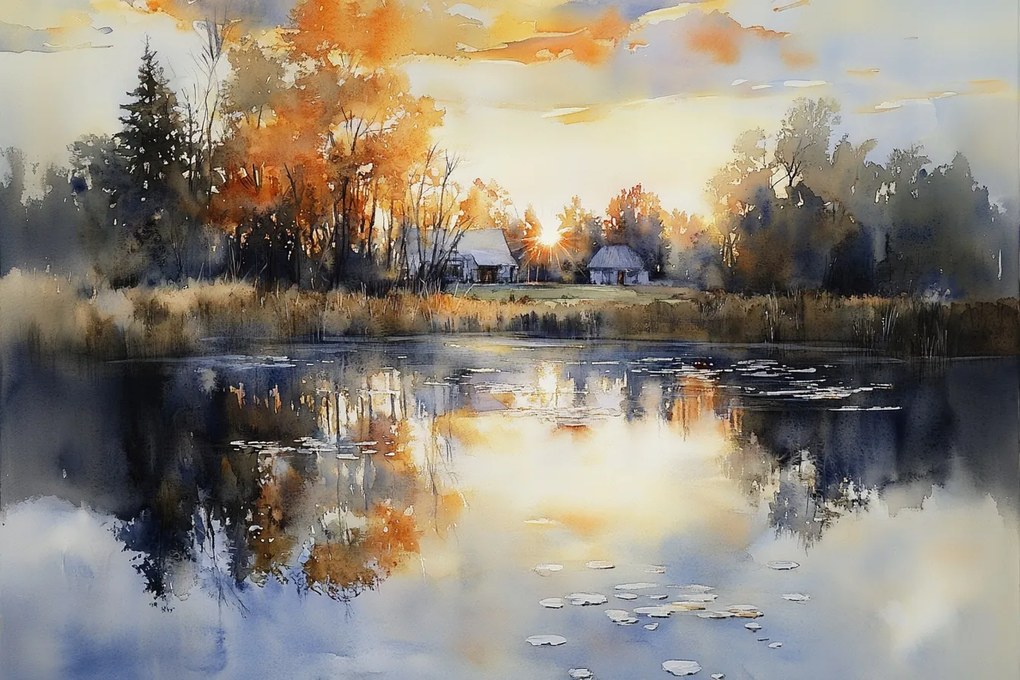 Fotótapéta Flizelina Falu Alföld Tó Napnyugta 104x70,5 ragasztó