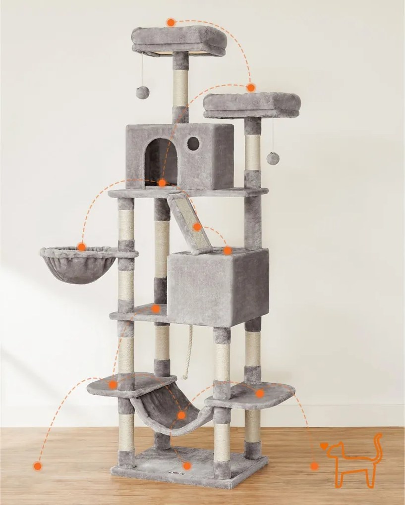 Macska kaparófa, többszintes, pihenőkosárral, szürke 60x50x206cm