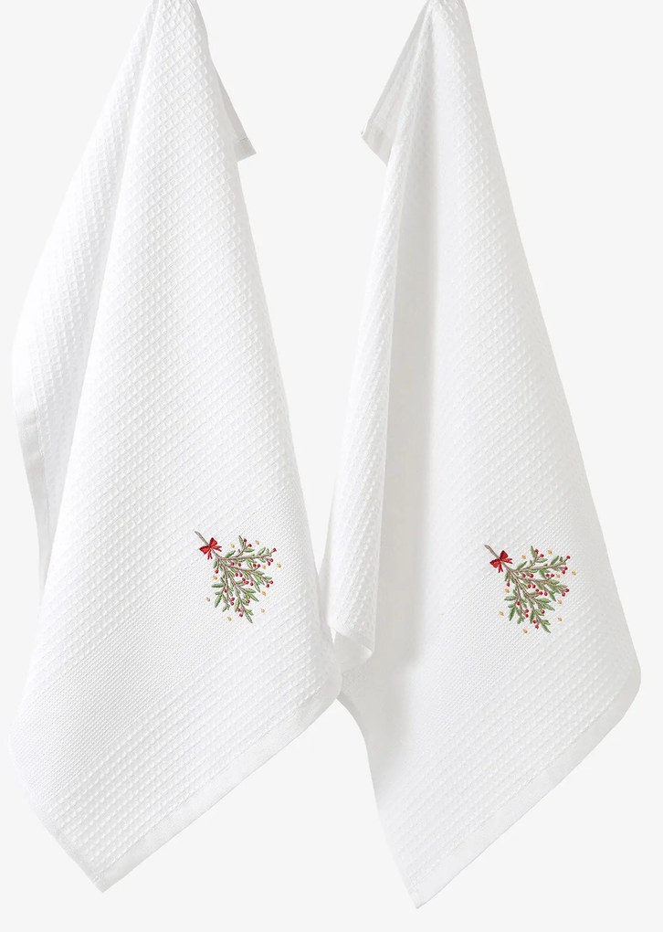 Goldea karácsonyi hímzett waffle konyharuha - fagyöngy fehér alapon 50 x 70 cm