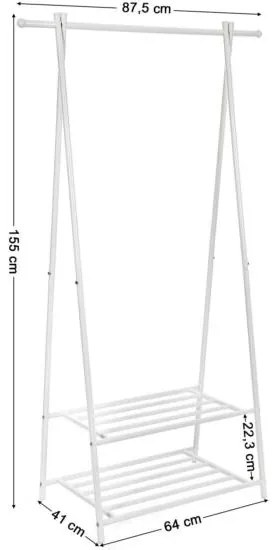 Kabáttartó, kabátállvány, ruhafogas 2 szintes polccal, cipőtárolóval, fehér