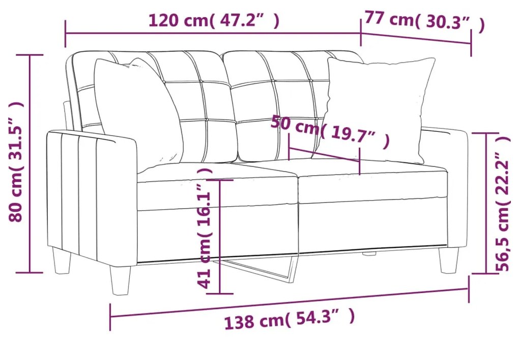 2 személyes krémszínű műbőr kanapé díszpárnákkal 120 cm