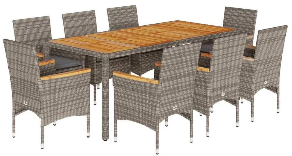 9részes szürke polyrattan/akácfa kerti étkezőgarnitúra párnával