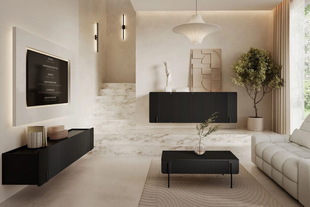 Malmi fali TV-szekrény 200 cm - matt fekete / fekete