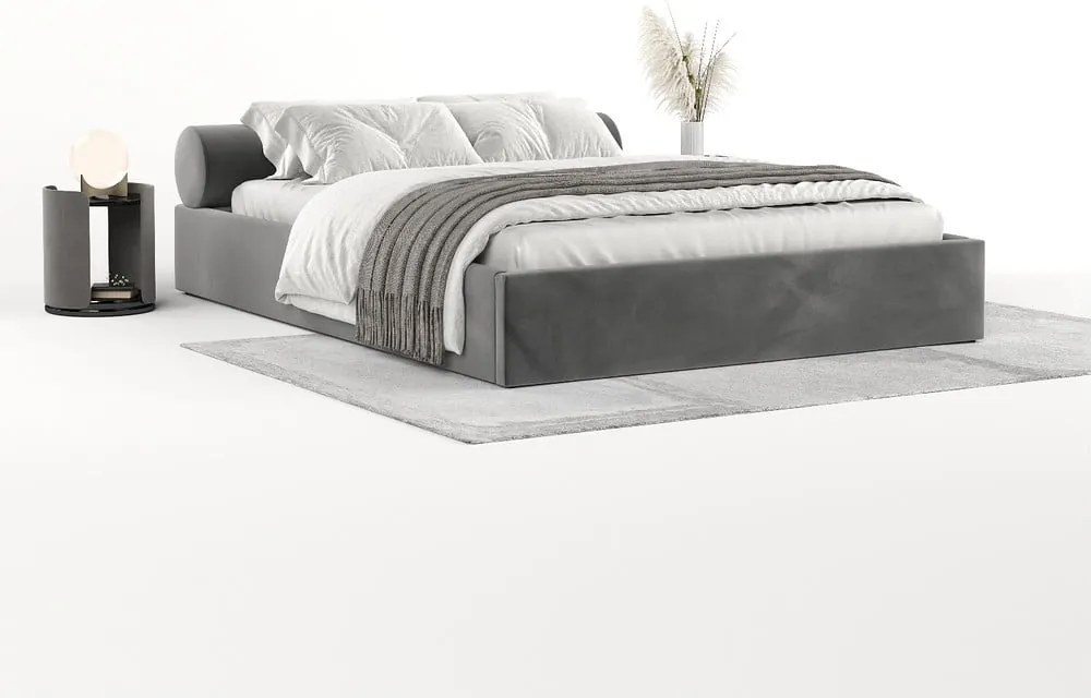 Sötétszürke kárpitozott ágyneműtartós franciaágy ágyráccsal 160x200 cm Solvo – Maison de Rêve