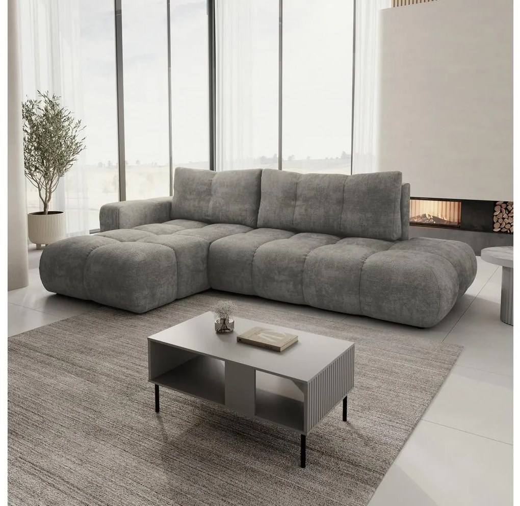 ALMADA balos, L-alakú kinyitható kárpitozott ülőgarnitúra tárolóval, szürke