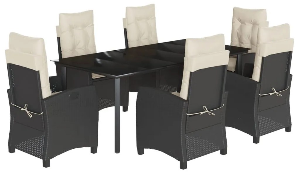 7 részes fekete polyrattan kerti étkezőgarnitúra párnával