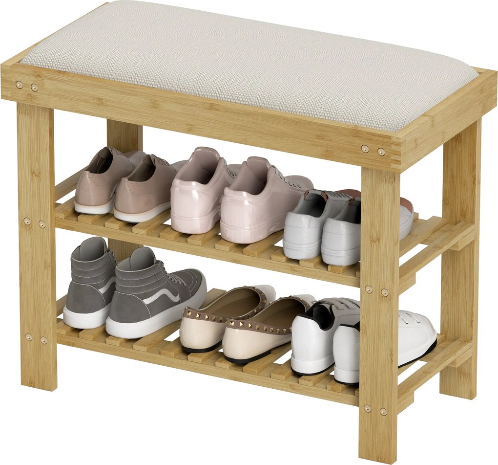 HOMCOM Cipőpad Ülőpaddal, Bambusz Pad Tárolóhelyiséggel, Cipőtartó 2 Nyitott Polccal, Pad, Előszobai Pad Nappalihoz, Előszoba, 60 x 29 x 49 cm Krémfeh