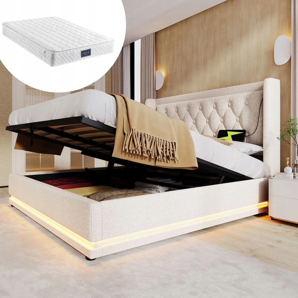 Franciaágy Led kárpitozott ágy Usb Type-C 140x200 Bézs +Matrac