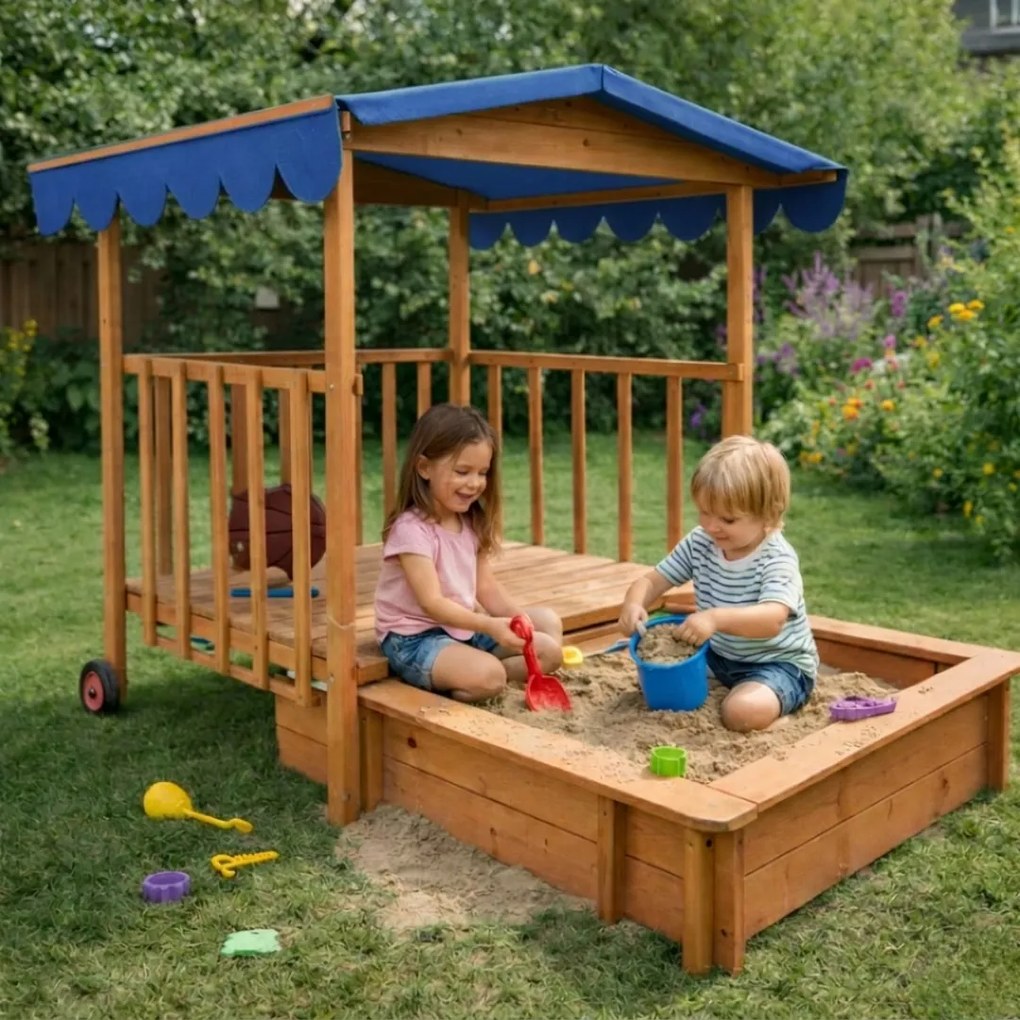 HAPPY verandás homokozó, 130x130x143cm, barna/kék Jurhan