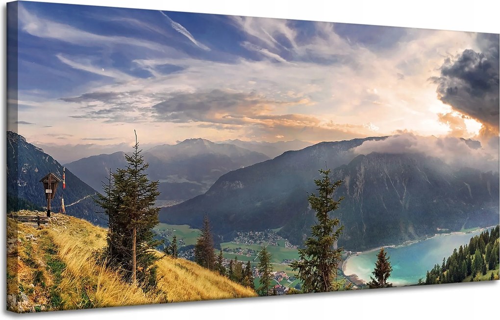 Vászonkép Nap a hegyek felett Felhők Falu 120x60 cm