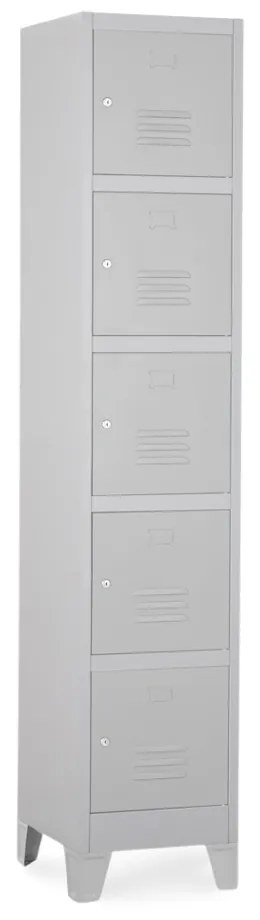 Fém szekrény - 5 doboz, 38 x 45 x 195 cm, fix lábakkal, hengerzár, világos szürke - ral 7035