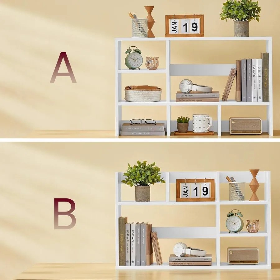 VASAGLE asztali polc, fa íróasztali tárolópolc 6 rekesszel, fehér színben