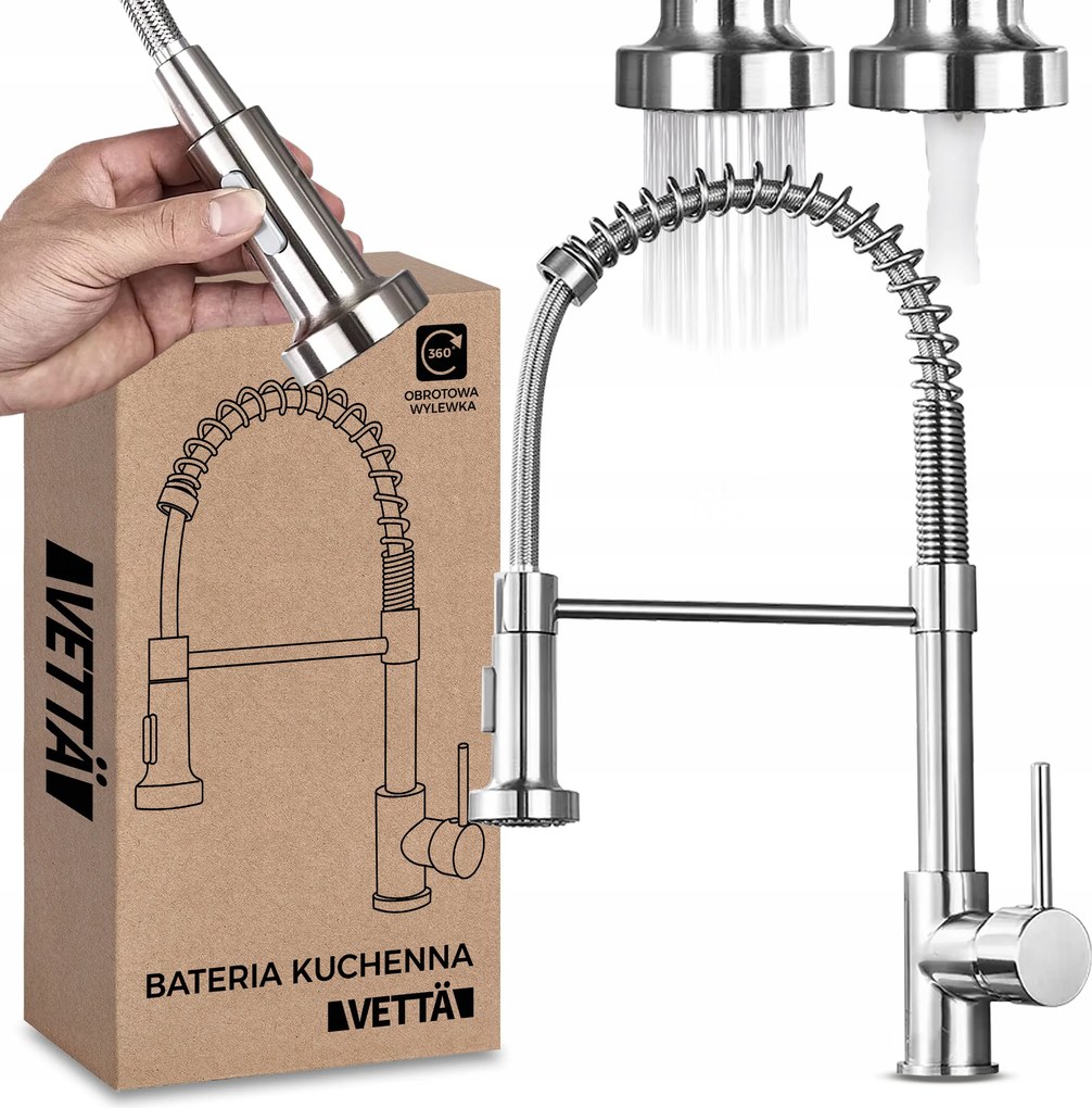 Konyhai csaptelep Vettä egykaros, álló, ezüst, kihúzható kifolyócsővel