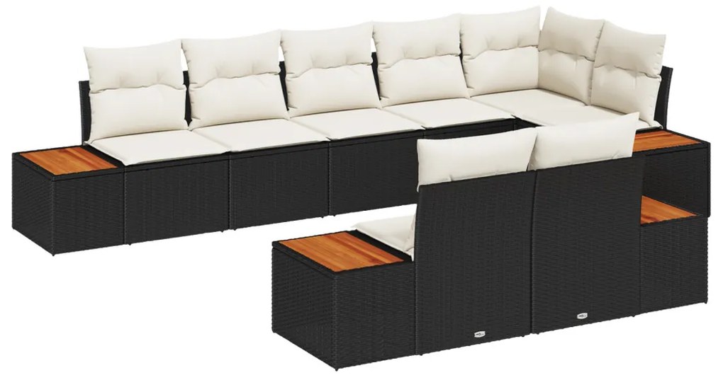 8 darabos Kerti Kanapé Szett Párnákkal Fekete Poly Rattan Akác