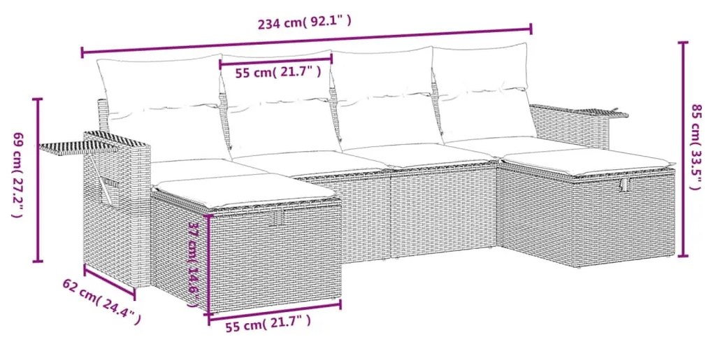 6 részes világosszürke polyrattan kerti ülőgarnitúra párnákkal