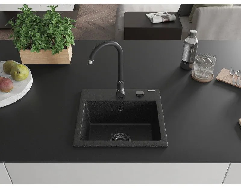 Mexen Milo, gránit mosogató 435x410x171 mm, 1 kamrás, fekete-ezüst metál fekete szifonnal, 6505441000-73-B