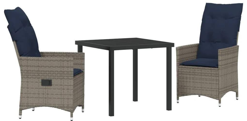 3 Részes Kerti Étkező Szett Párnákkal Szürke Poli Rattan, Kerti Asztal Fekete 80x80x73 cm Edzett Üveggel