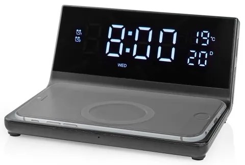 Nedis WCACQ20BK - Ébresztőóra LCD kijelzővel és vezeték nélküli töltő 15W/5V fekete