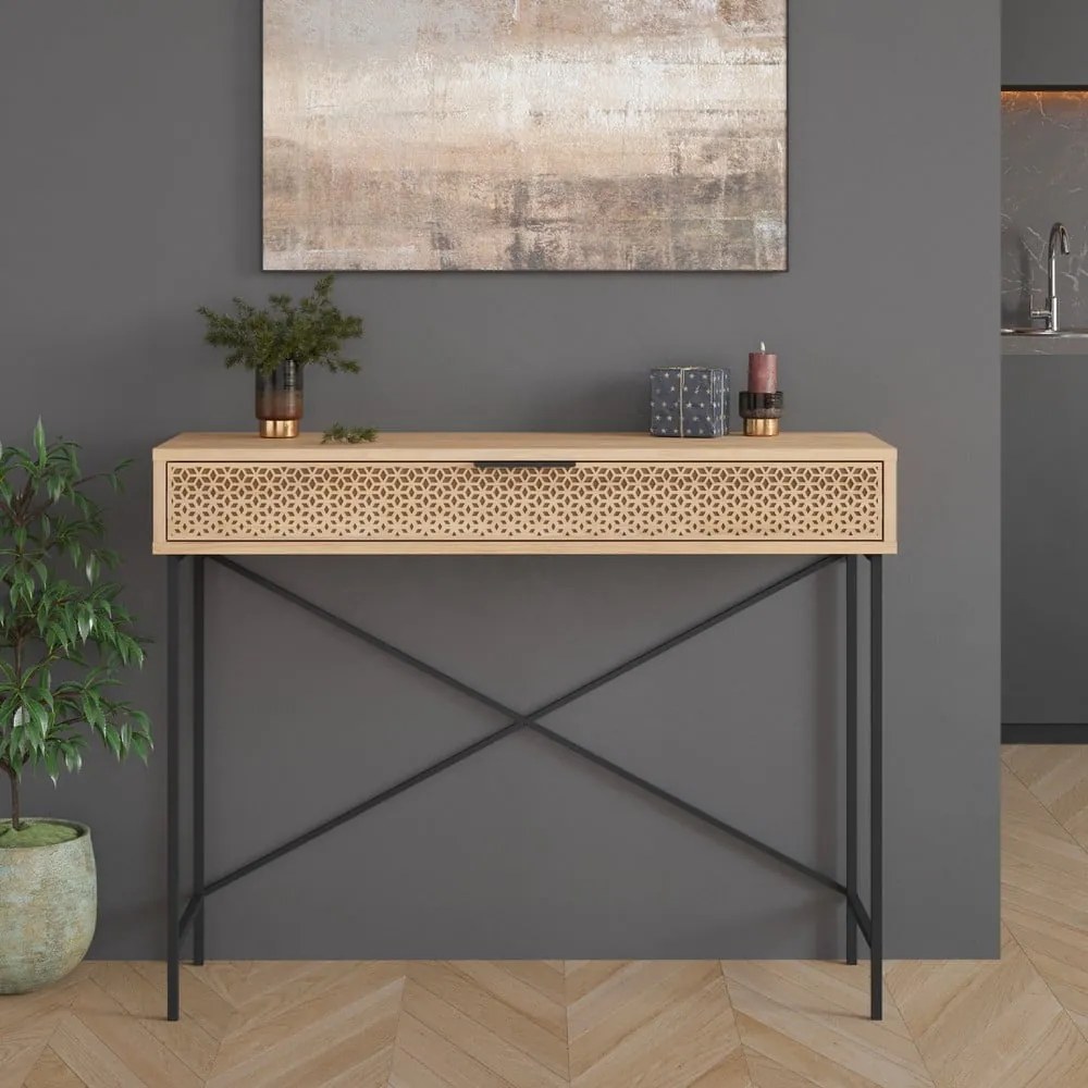 Natúr színű konzolasztal tölgyfa dekorral 35.5x110 cm Ecrin – Marckeric