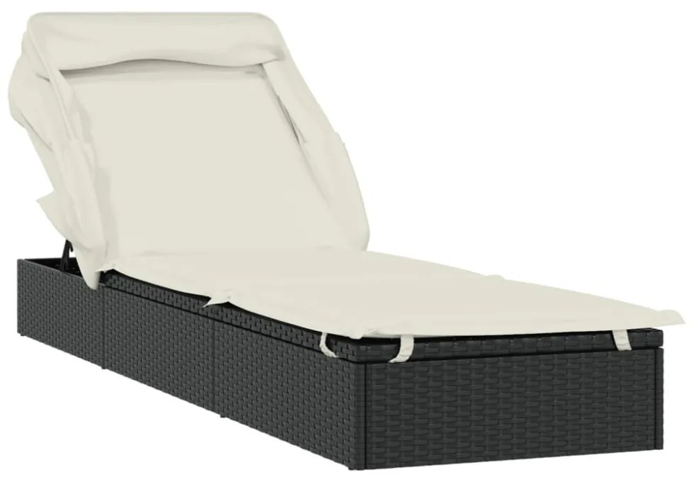 fekete polyrattan napozóágy összecsukható tetővel 213x63x97 cm