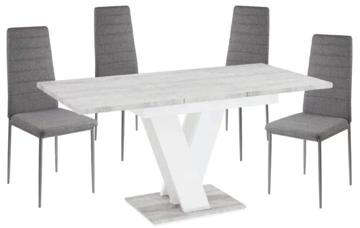 Masiv 4 személyes étkezőszett Coleta székekkel, Fehér Kőmintás - Szürke szövet N
