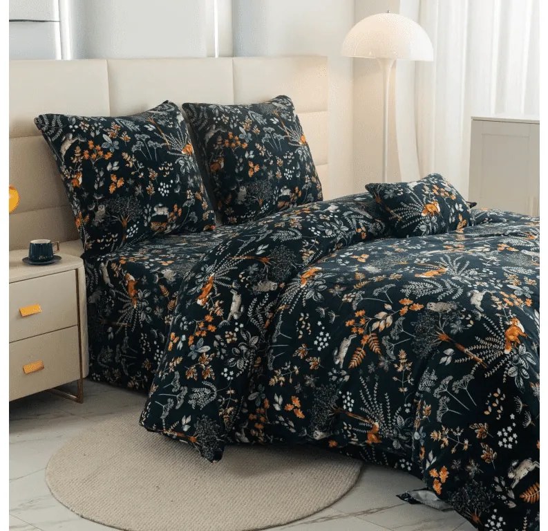 Mikroplüss ágyneműhuzat szett RÓKA ÉS NYÚL sötétzöld + mikroplüss lepedő SOFT 90x200 cm fehér, egyszemélyes