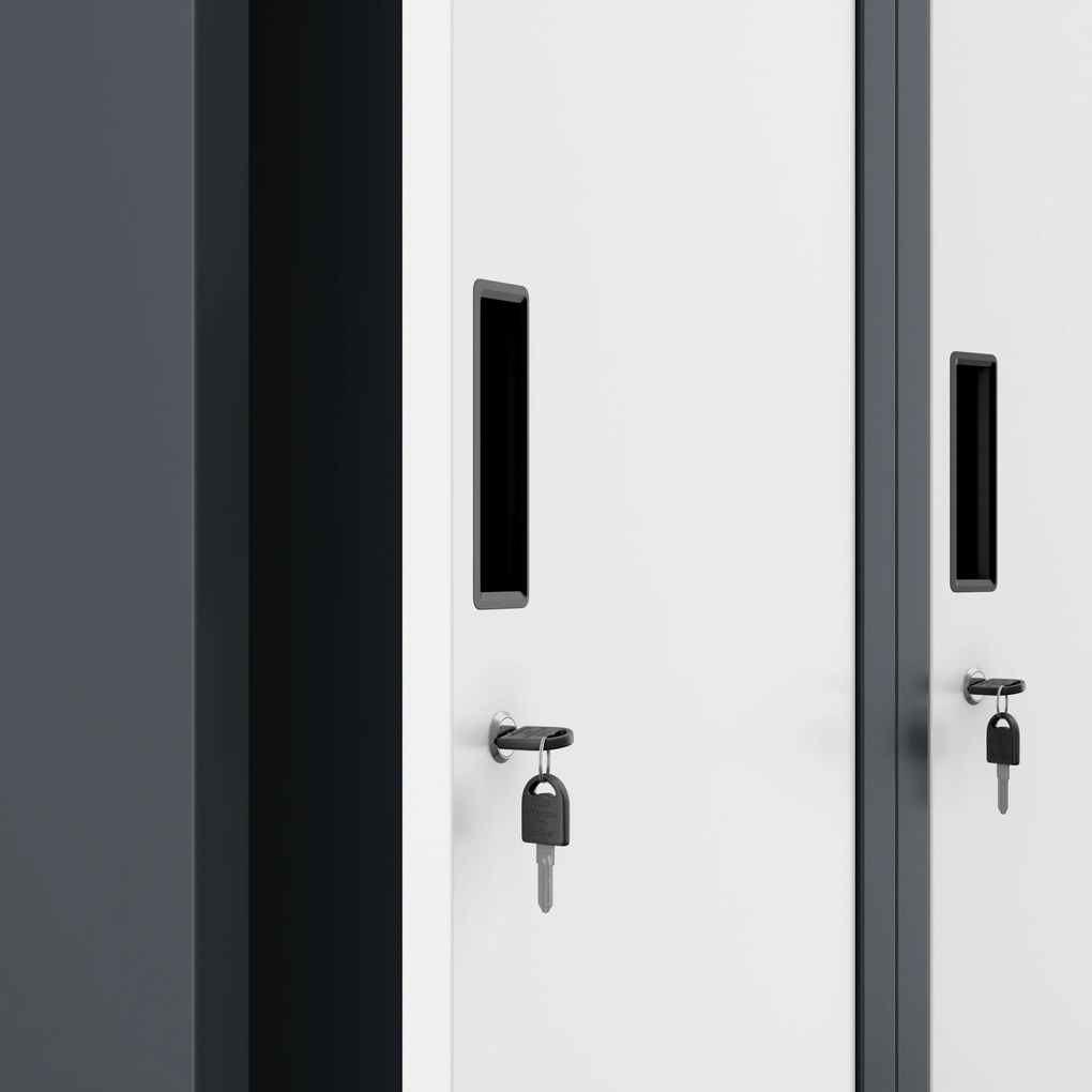 Pléh öltözőszekrény talpazaton, kétmodulos, polccal és köztes fallal KACPER, 800 x 1800 x 500 mm, antracit-fehér