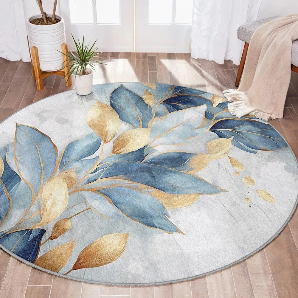 Kék-aranyszínű mosható kerek szőnyeg ø 80 cm Golden Leaves – Mila Home