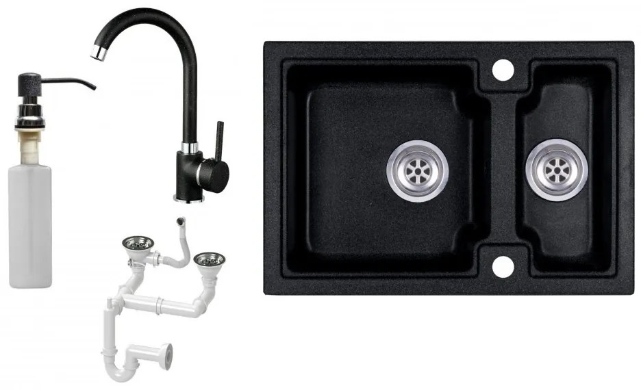 Laneo Boston S63-43C Gránit Mosogató + Csap + Szifon + Adagoló (fekete)