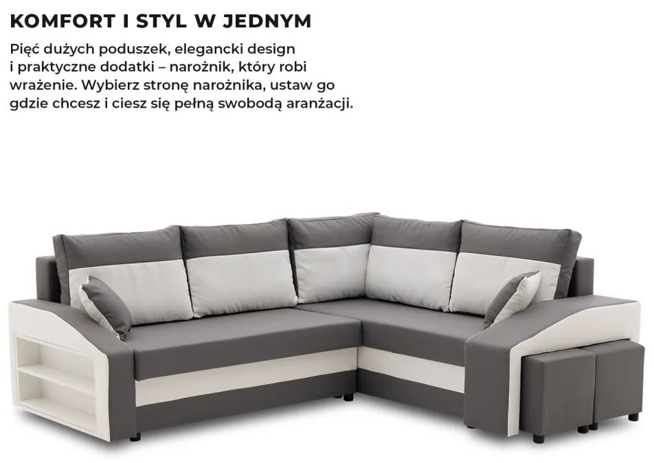 Grande sarokkanapé polcokkal és puffokkal , polc a bal karfaban puffok a jobb karfaban, jobboldali, szövet anyag, bonell töltet, szürke - fehér