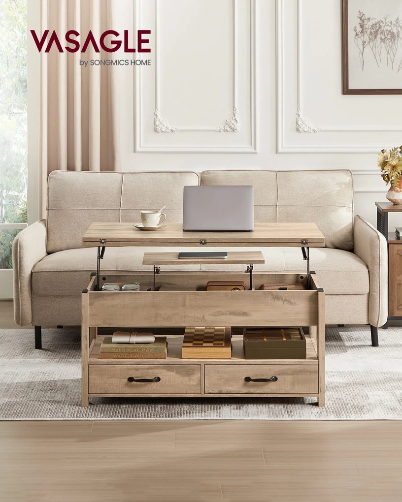 Emelhető tetejű dohányzóasztal, gázliftes, 2 fiókkal, teveszínű