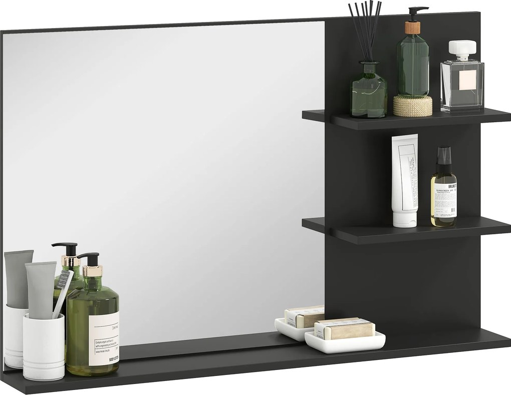 kleankin Modern Fürdőszoba Tükör 2 Oldalsó Polccal és Alsó Polccal, Fali Tükör MDF-ből és Üvegből, 75x10x48 cm, Fekete | Aosom