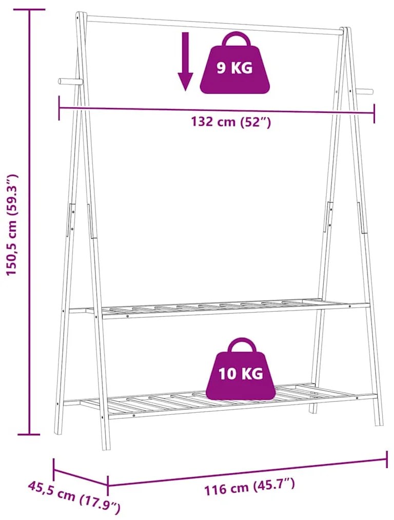 bambusz ruhaállvány polcokkal 132 x 45,5 x 150,5 cm