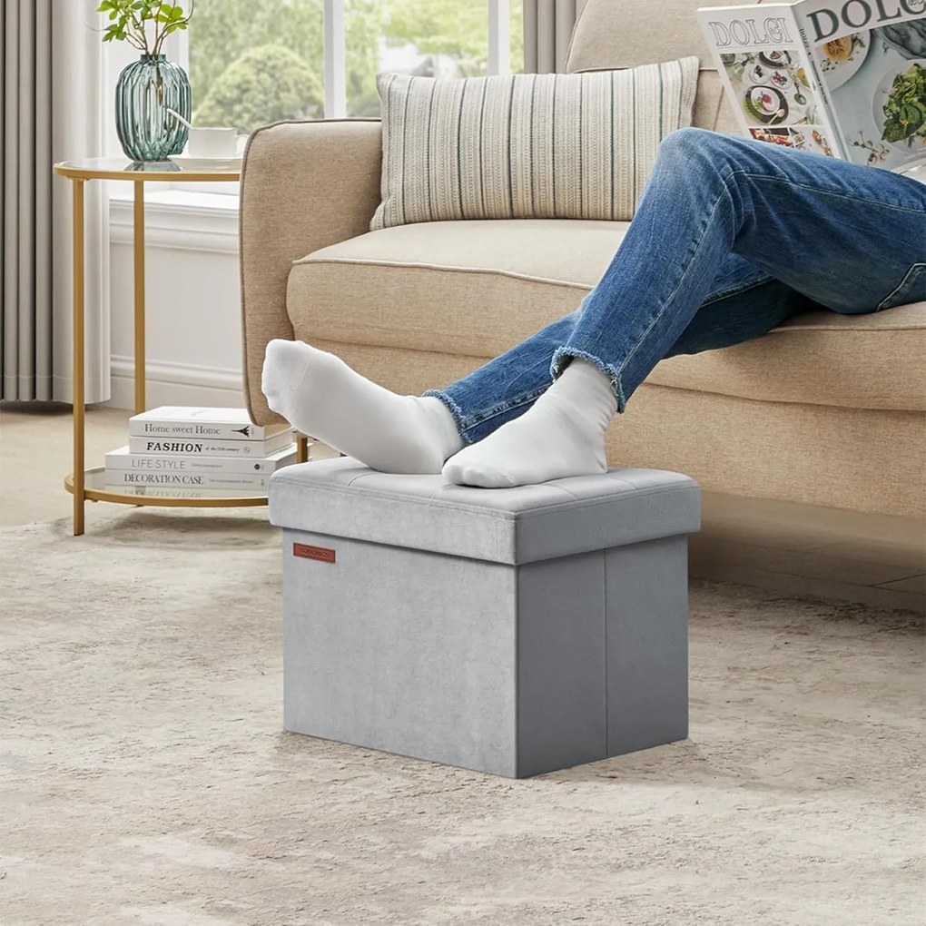 Tároló puff, összecsukható bársony tárolódoboz, szürke, 31 x 41 x 31 cm