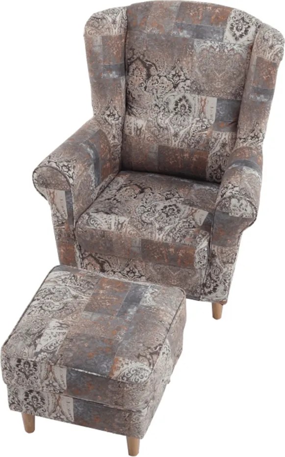 Füles fotel puffal, szövet vintage minta, ASTRID