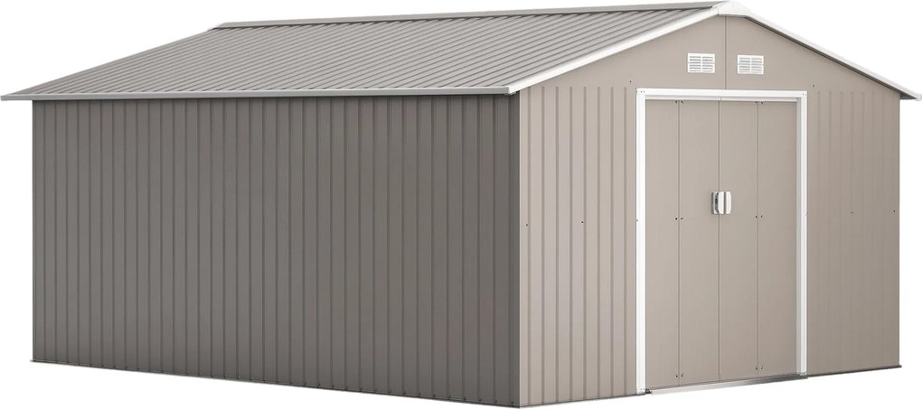 Outsunny 12.4 m²-es szerszámtároló, kerti ház dőlt tetővel, tolóajtóval, alapzattal, 386 x 340 x 200 cm, horganyzott acélból készült, időjárásálló, ke
