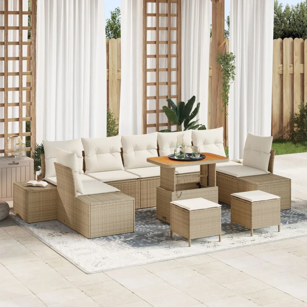 10 darabos kert kanapé szett párnákkal Bézs poly rattan akácia, 2 személyes kert kanapé párnákkal Bézs poly rattan, 3 darabos kert étkező szett párnákkal Bézs poly rattan akácia