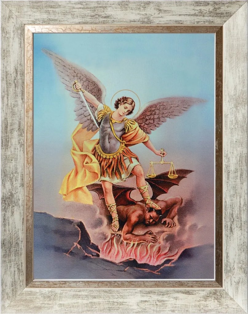Mihály Arkangyal Vallásos Vászonkép Fehér Díszkeretben 30X40