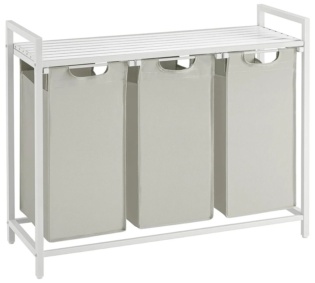 Szennyestartó, 3 rekeszes szennyeskosár fém kerettel, fehér