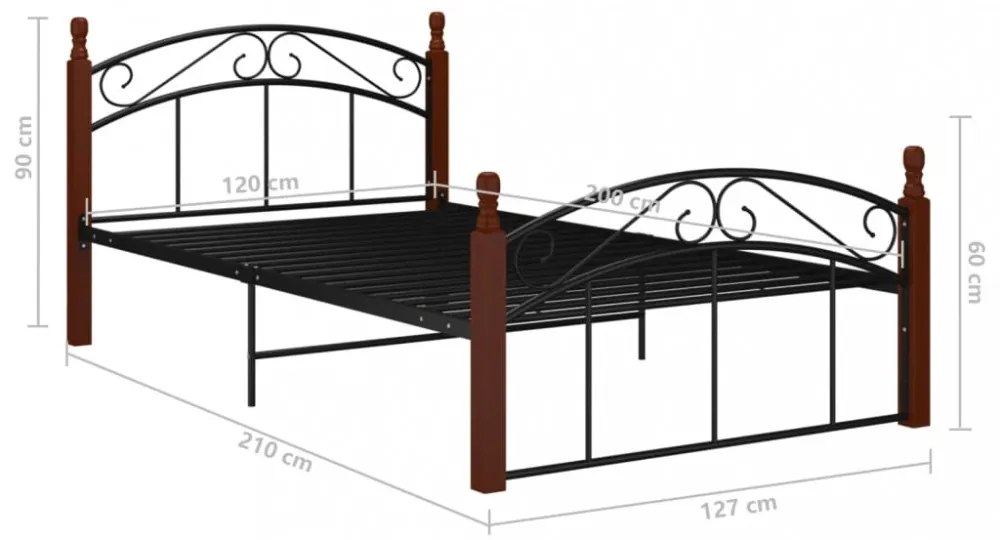 fekete fém és tömör tölgyfa ágykeret 120 x 200 cm